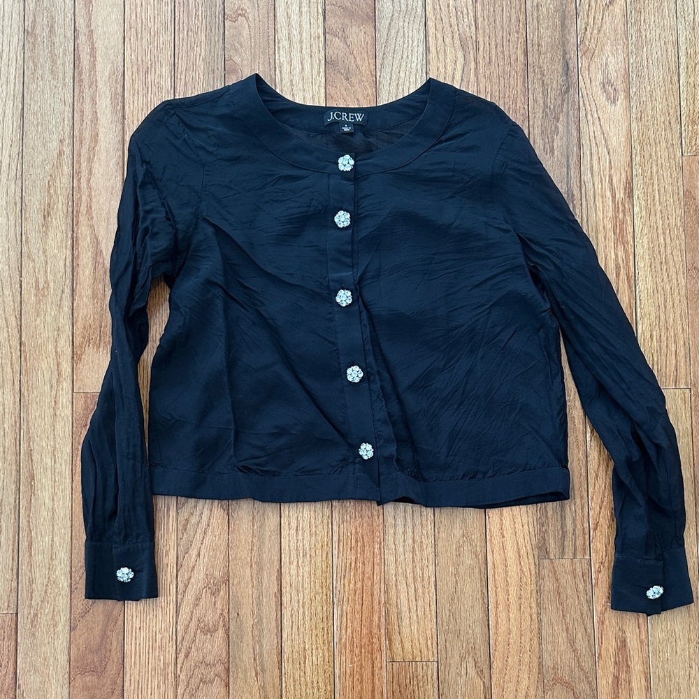 J. Crew Navy Button Down Shirt with Jeweled Floral Accents